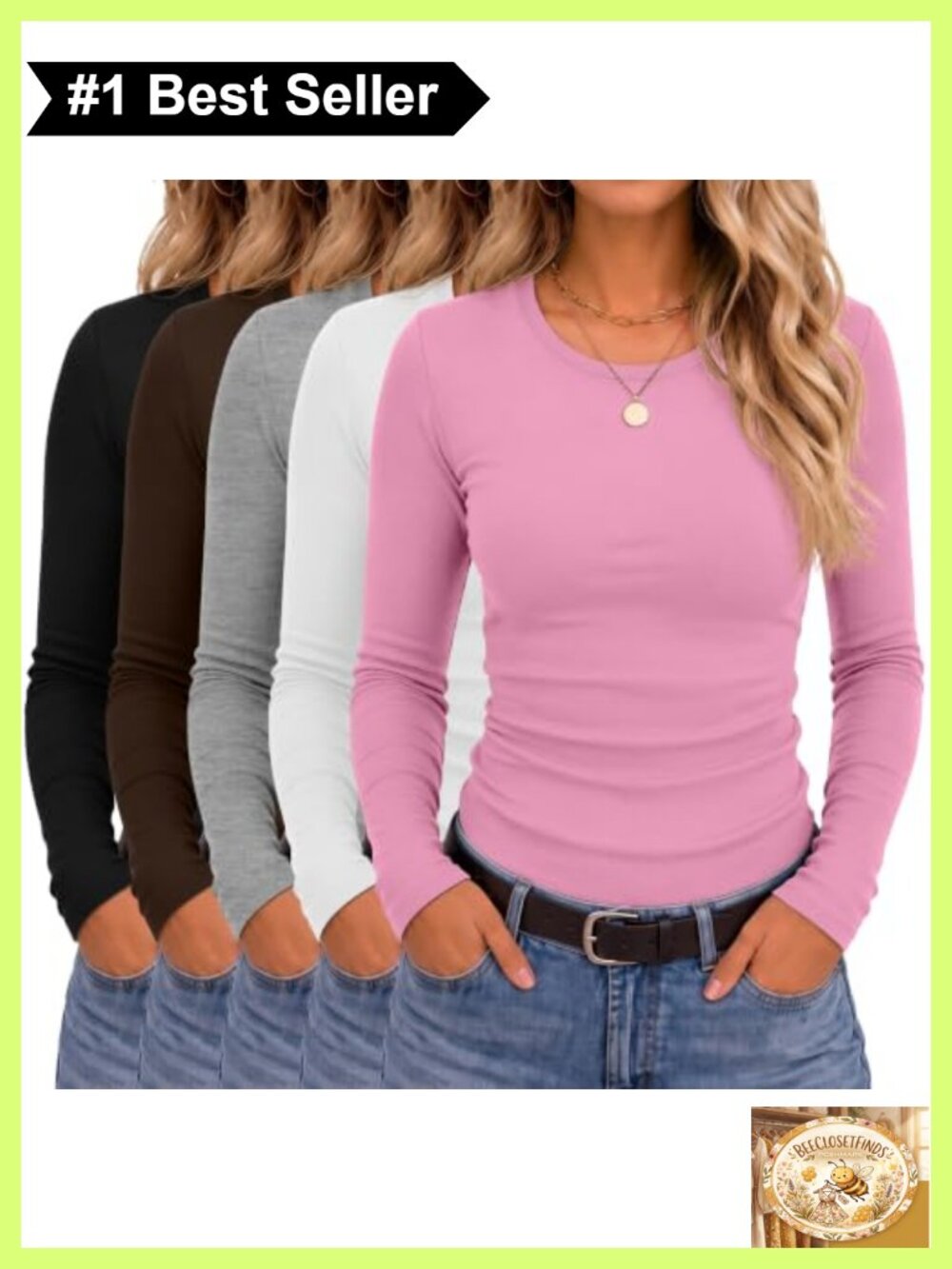 5 Pack Women's Long Sleeve Slim Fit Crew Neck Basic Tee Tops